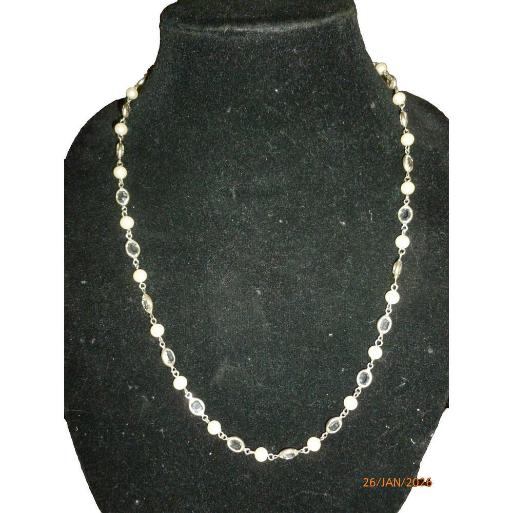 Vintage Carolee Faux Pearl Clear Rhinestone 22" Necklace